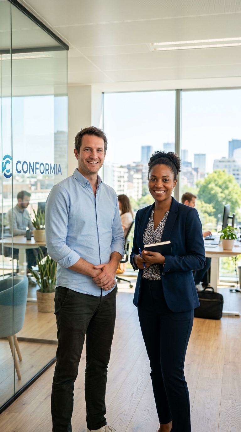 Deux professionnels dans les bureaux de conforme-X