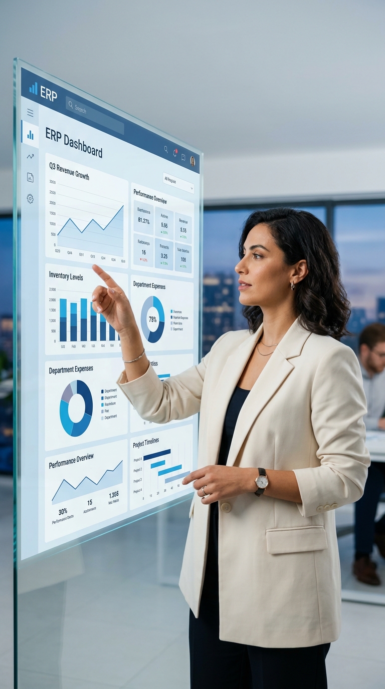 Consultante présentant un tableau de bord de pilotage sur grand écran