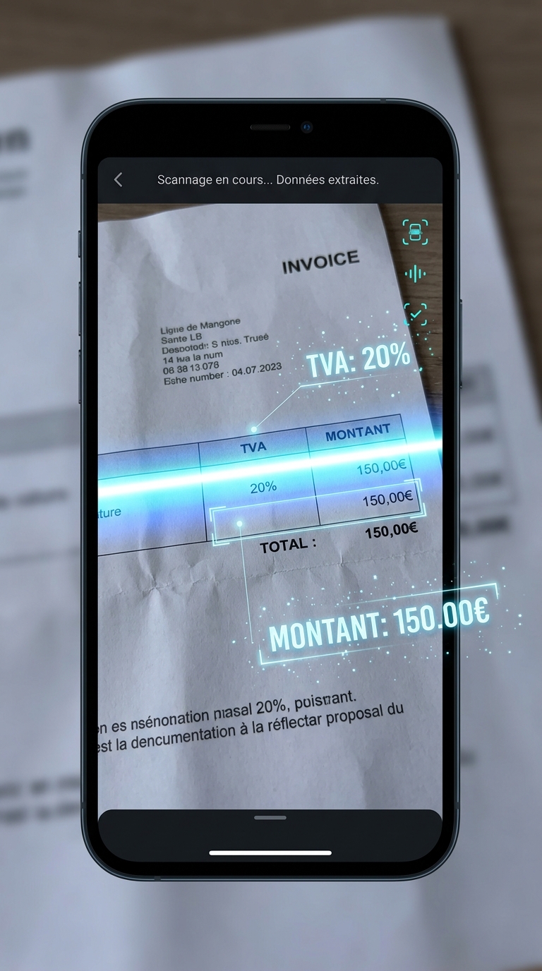 Smartphone scannant une facture papier avec extraction du montant et de la TVA