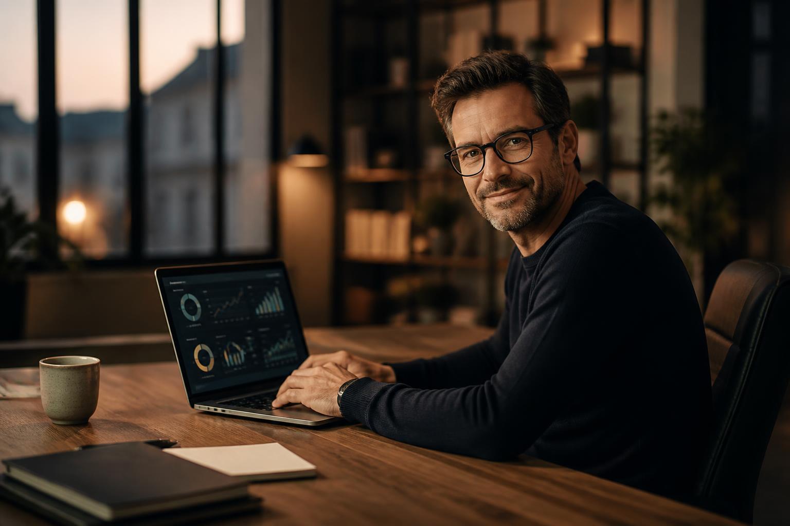 Un chef d’entreprise serein devant son tableau de bord Conforme-x